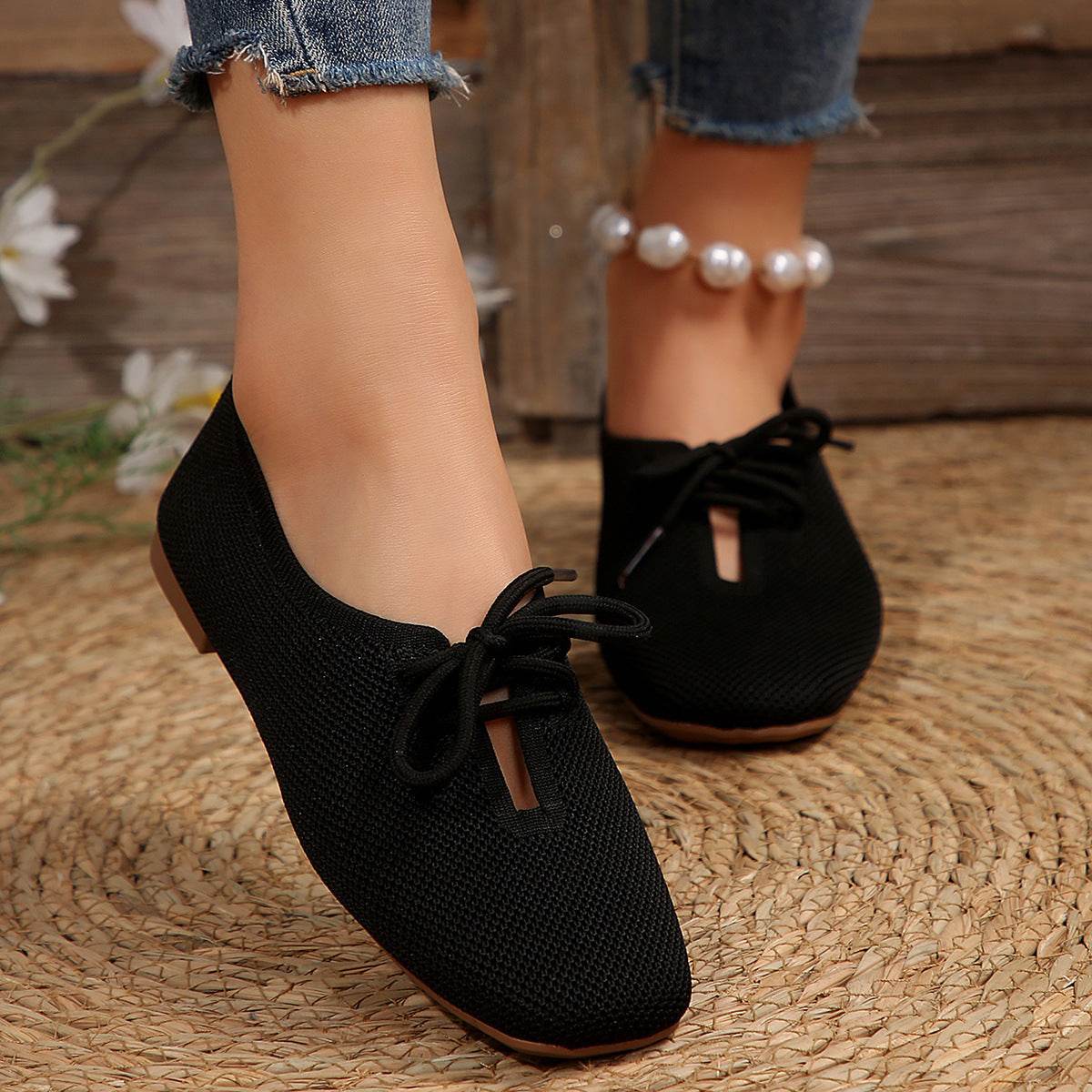 Casual Lace-up Mesh Flats Shoes Women Fashion Solid Color Loafers Lazy Shoes - Mubimart