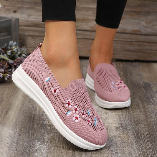 Loafers Women Flowers Embroidery Shoes Breathable Mesh Flats - Mubimart