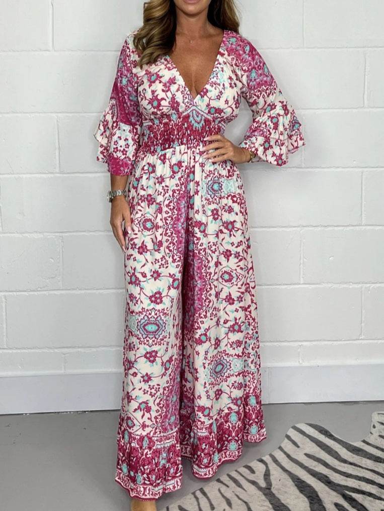 V-neck Printed Jumpsuit Plus Size Casual Jumpsuit - Mubimart