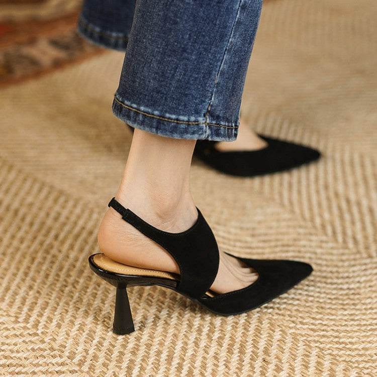 French Retro Pointed Toe Low-cut High Heels Closed Toe Slingback Sandals - Mubimart