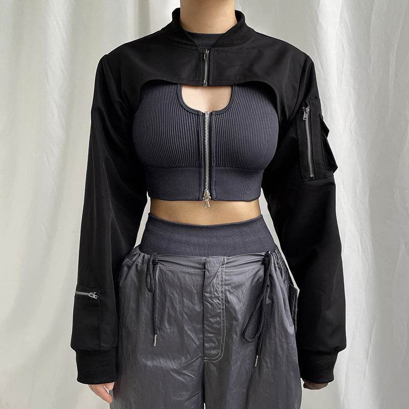 Workwear Style Zipper Short Blouse - Mubimart