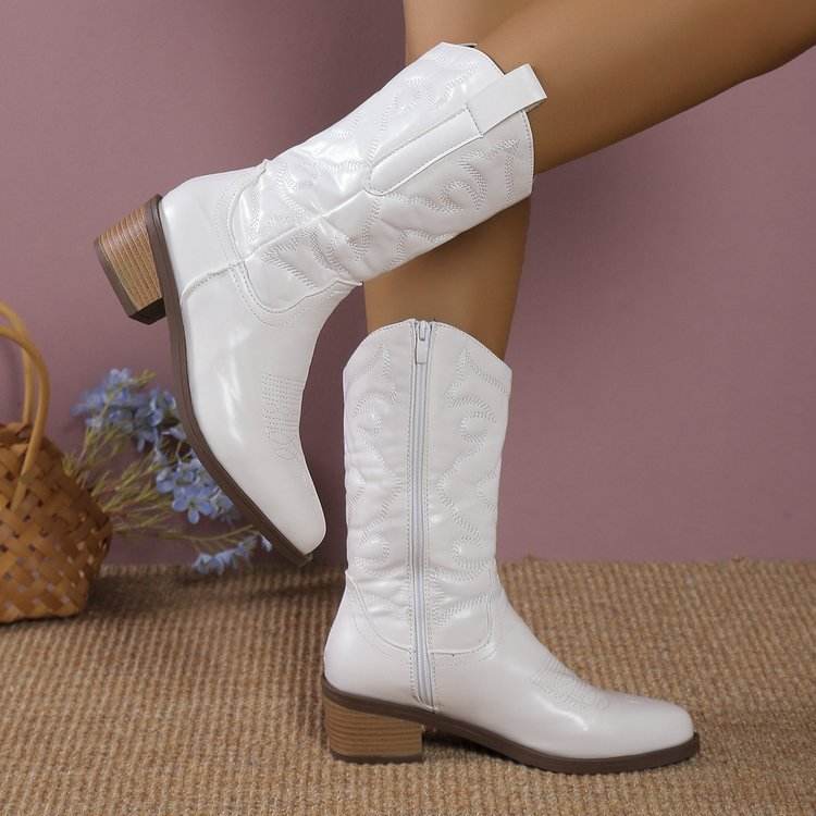 Chunky Heel Pointed Toe Western Boots Fashion Mid-tube Solid Knight Boot Autumn And Winter Shoes For Women - Mubimart