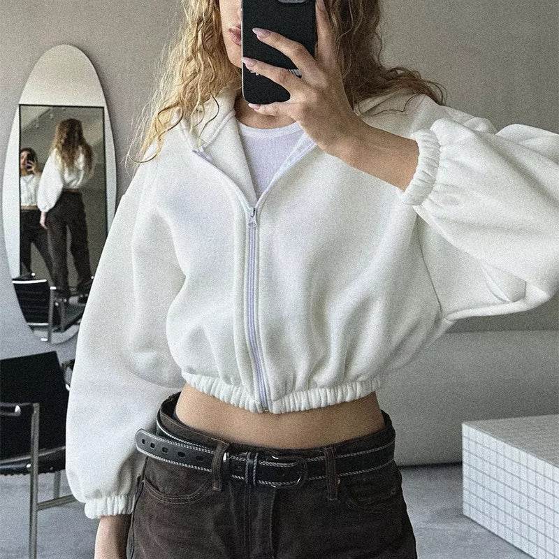Casual Solid Color Hooded Short Jacket Y2K Fashion Sports Sweatshirt Long Sleeve Zipper Cardigan Hoodies Women's Clothing - Mubimart