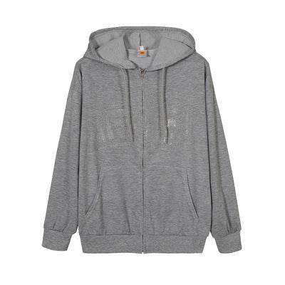 Hoodie Round Neck Loose Letter Rhinestone Zipper - Mubimart
