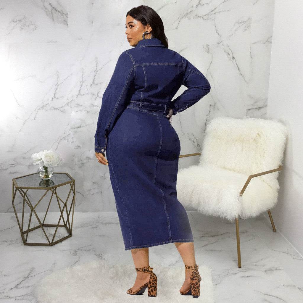 Dress Fashion Plus Size Denim Dress Women Casual, Long Sleeves - Mubimart