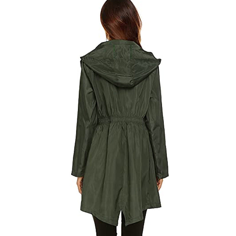 Women's Waist Hooded Raincoat Raincoat Mid-length Trench Coat