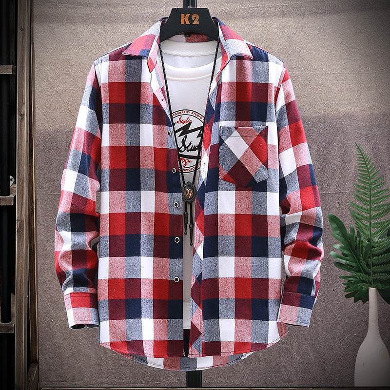 Flannel Brushed Plaid Slim Fit Long Sleeved Shirt - Mubimart