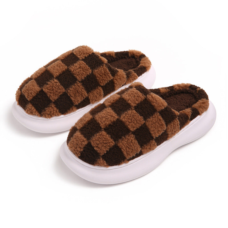 Checkerboard Plus Velvet Thick Cotton Slipper - Mubimart -  