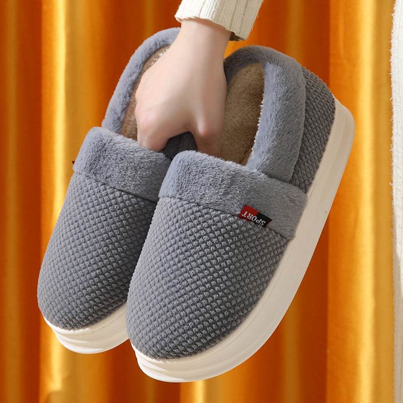 Men's Cotton Shoes With Heel Winter Warm Thick Sole Plush Slippers Women Indoor Garden Outerwear Plus Velvet Slipper For Couple - Mubimart