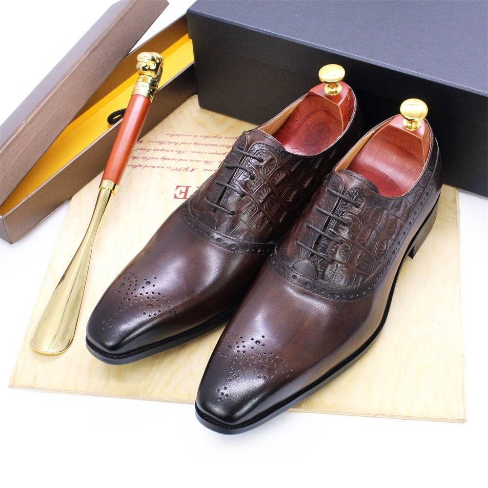 Men's Lace-up British Oxford Shoes Cowhide - Mubimart