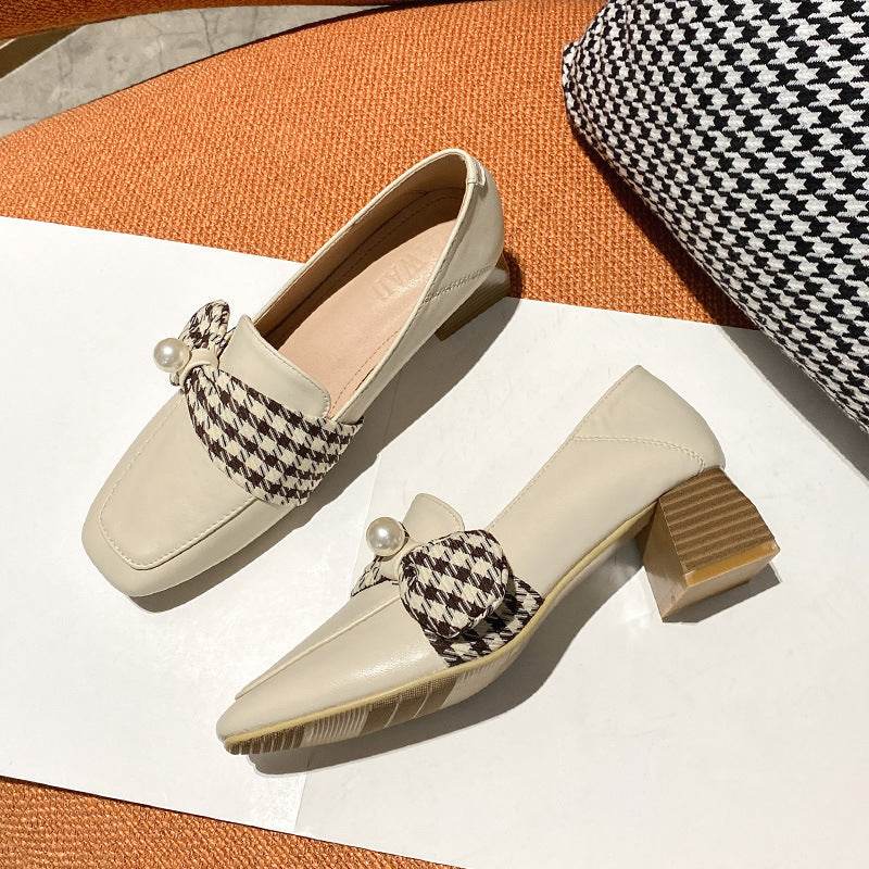 Women's High Heel Leather Shoes British Style Loafers Thick Heel Single Shoes Women - Mubimart