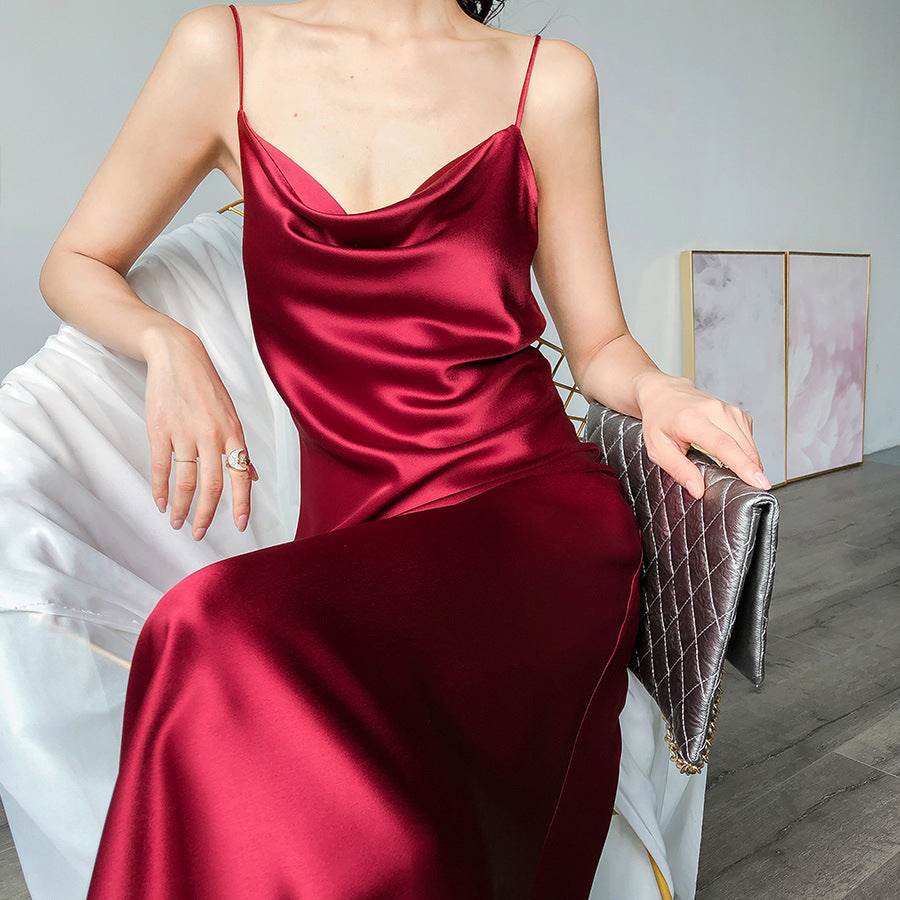 Sleek Acetate Satin Swing Neck Slip Dress - Mubimart
