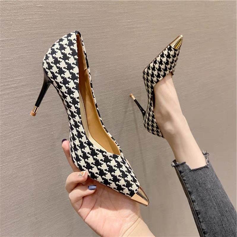 Ladies Plaid Pointed Toe Stiletto Pumps - Mubimart