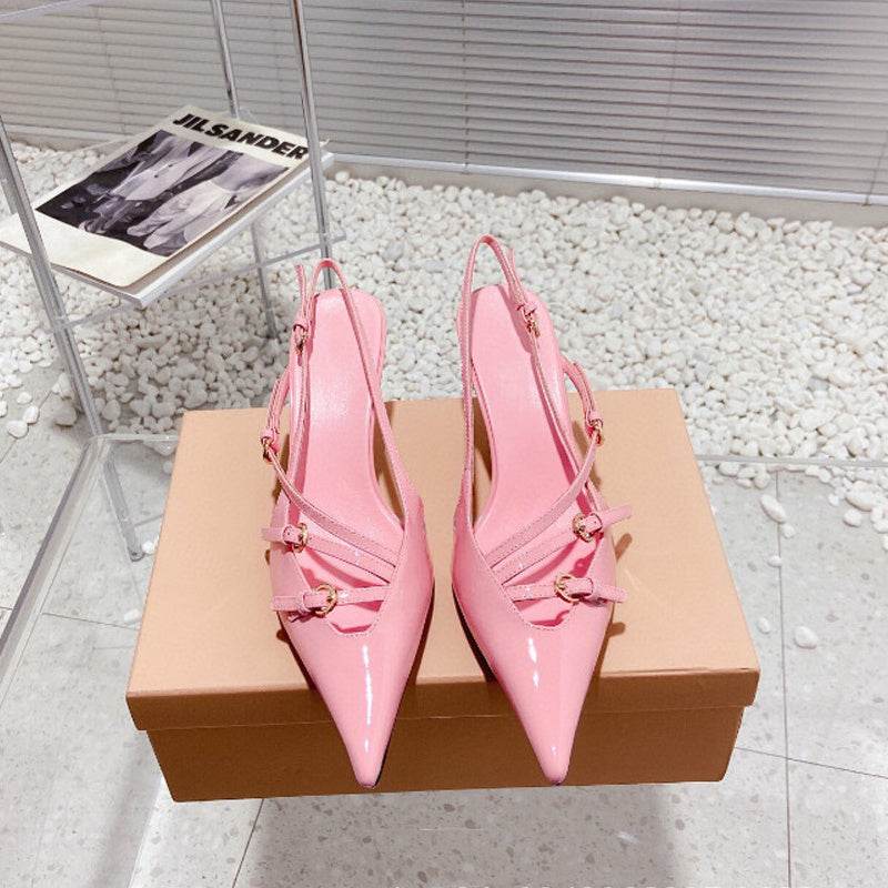 French Style Pointed Toe Kitten Heel Sandals Closed Toe Back Strap High Heels Belt Buckle - Mubimart