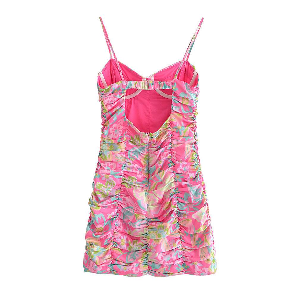 Pleated Design Printing Slip Dress Women's - Mubimart