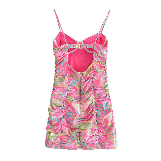 Pleated Design Printing Slip Dress Women's - Mubimart