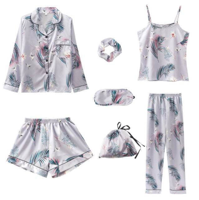 Simulated Silk Striped Seven-piece Loungewear - Mubimart