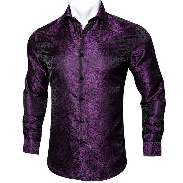 Barry.Wang Teal Paisley Floral Silk Shirts Men Autumn Long Sleeve Casual Flower Shirts For Men Designer Fit Dress Shirt BCY-05 - Mubimart