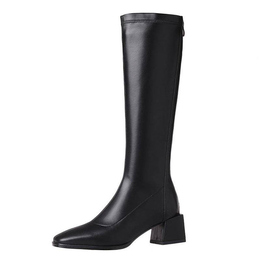 Women's Long Boots With Thick Heels And Square Head Show Thin Tall Thick Legs Elastic Large Circumference - Mubimart