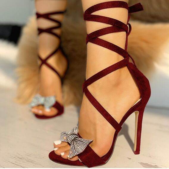 Women's Super High Heel Strappy Open-toe Rhinestone Sandals - Mubimart