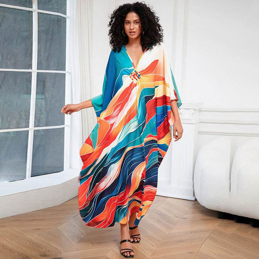 Print Holiday Loose Plus Size Robe Beach Cover-up Dress - Mubimart