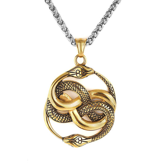 Mens Fashion Double Snake Staff Pendant Necklace - Mubimart