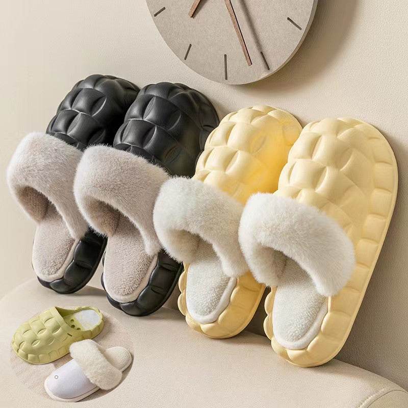Fuzzy Slippers Women Winter Bedroom Indoor Shoes With Detachable Heel - Mubimart