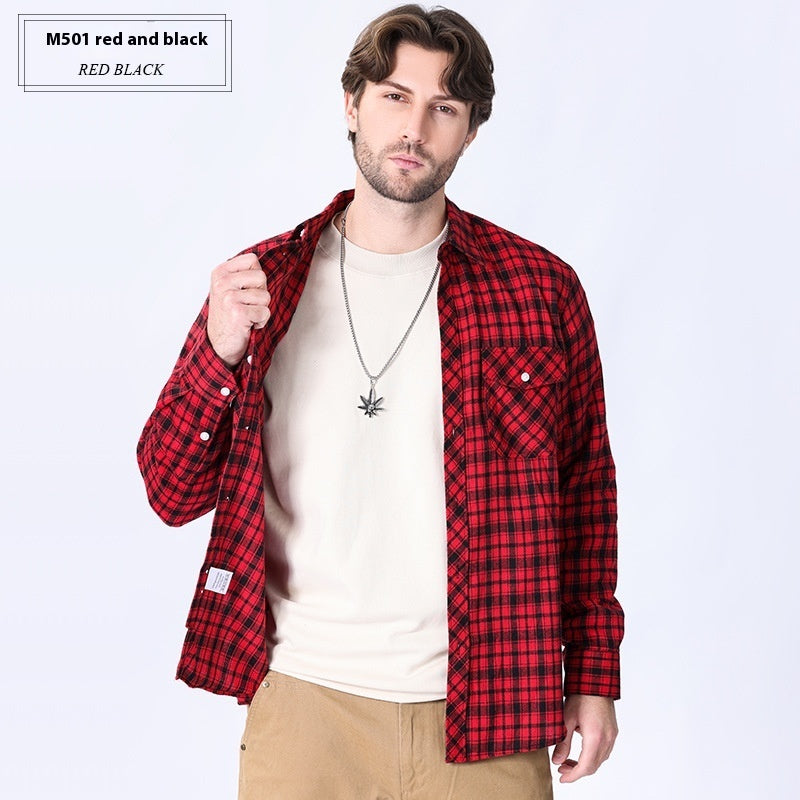 Vintage Flannel Men's Long Sleeve Brushed Plaid Shirt Coat