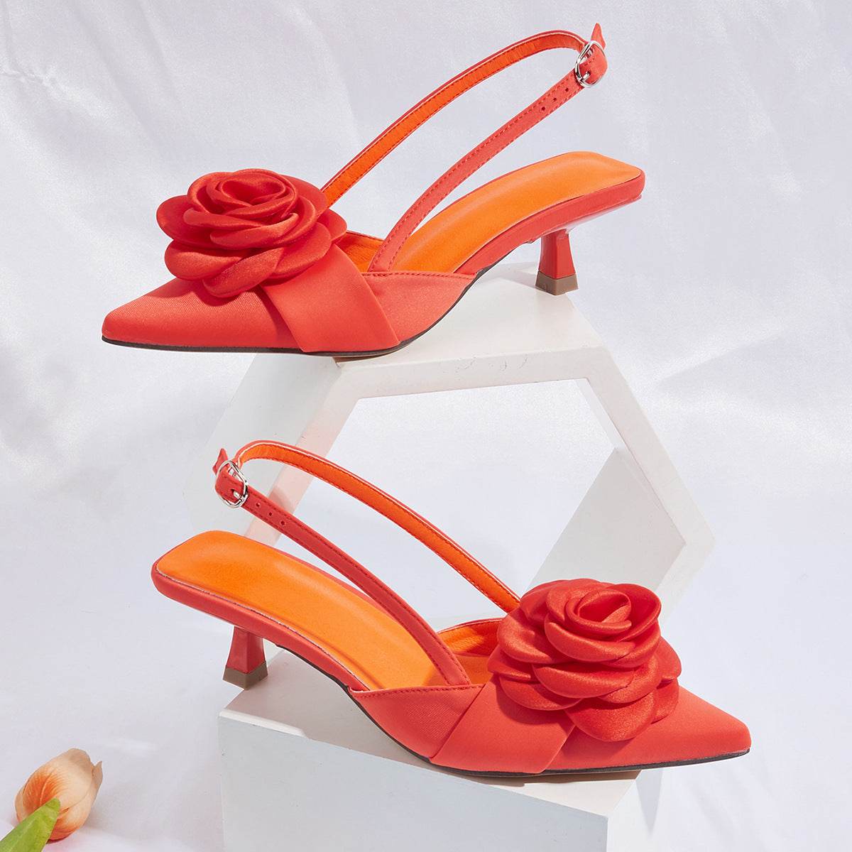 Three-dimensional Flower Decoration Kitten Heel Shoes Women's Elegant Closed Toe Back Empty - Mubimart