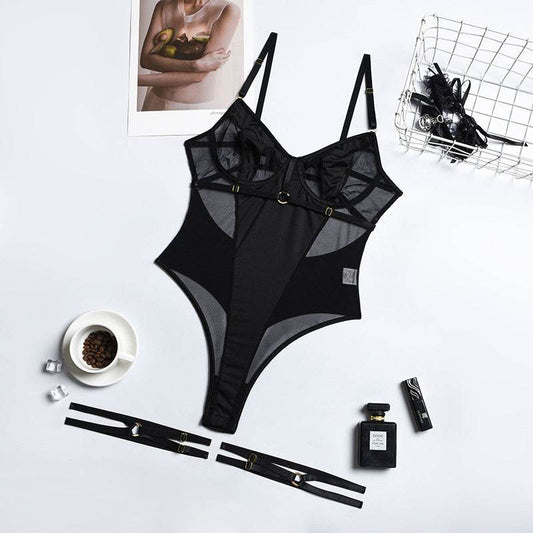 One-piece Backless Women Black Mesh Patchwork Bodysuit - Mubimart