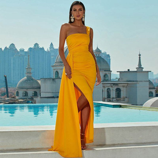 One-shoulder Off-neck Prom Party Slit Evening Dress - Mubimart