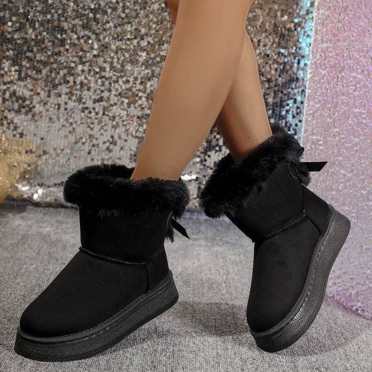 Winter Snow Boots With Bowknot Fashion Round Toe Flat Thickened Suede Cotton Shoes For Women Casual Warm Plush Short Boot - Mubimart
