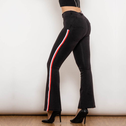 Shascullfites Melody Side Stripe Denim Flare Jeans Stretch Pants Slim Butt Lift Flare Pants Scrunch Bum Black Jeans - Mubimart