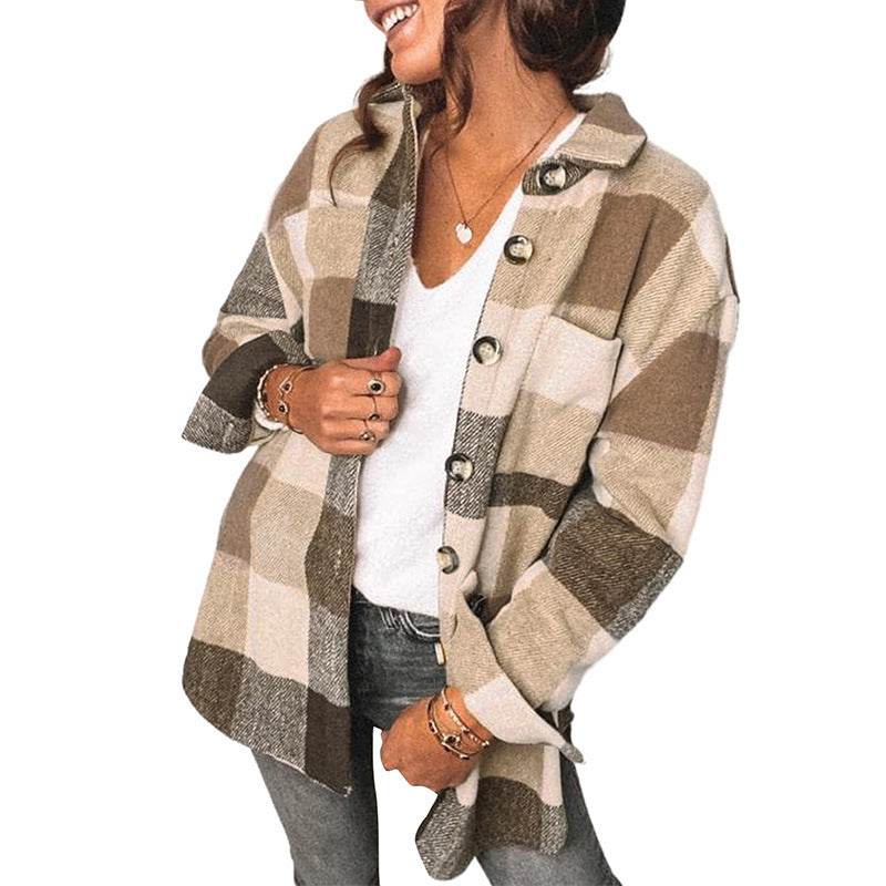 Casual Flannel Plaid Buttoned Shirt Jacket - Mubimart