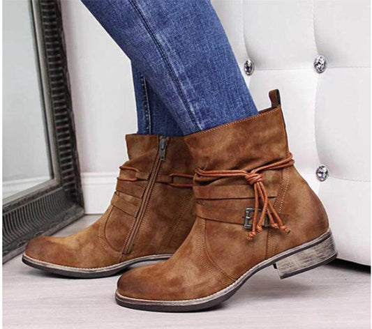 Western Boots Women Buckle Ankle Boots Side Zipper Shoes - Mubimart