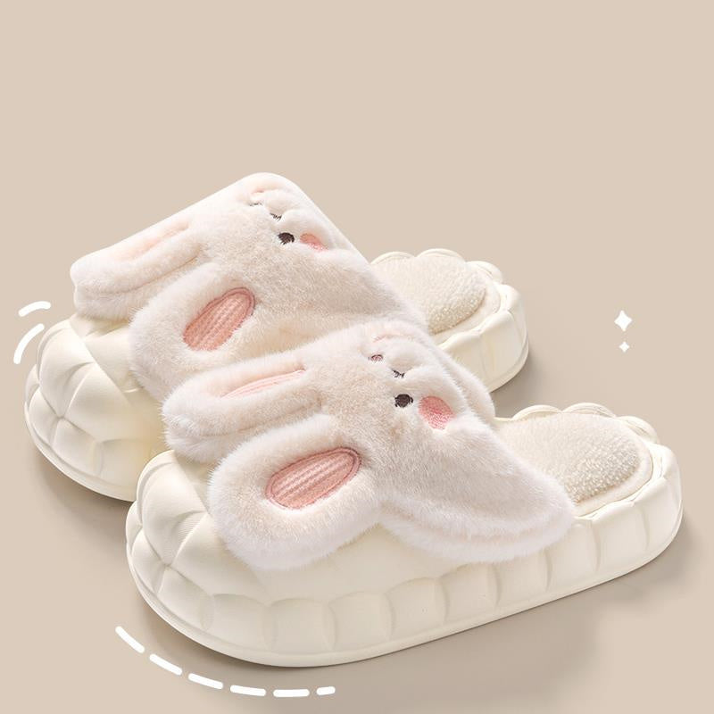 Cute Rabbit Shoes Winter Fuzzy Slippers Women Detachable Washable House Shoes - Mubimart -  