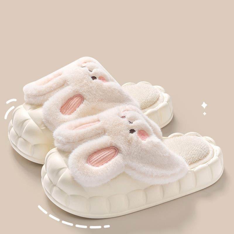 Cute Rabbit Shoes Winter Fuzzy Slippers Women Detachable Washable House Shoes - Mubimart