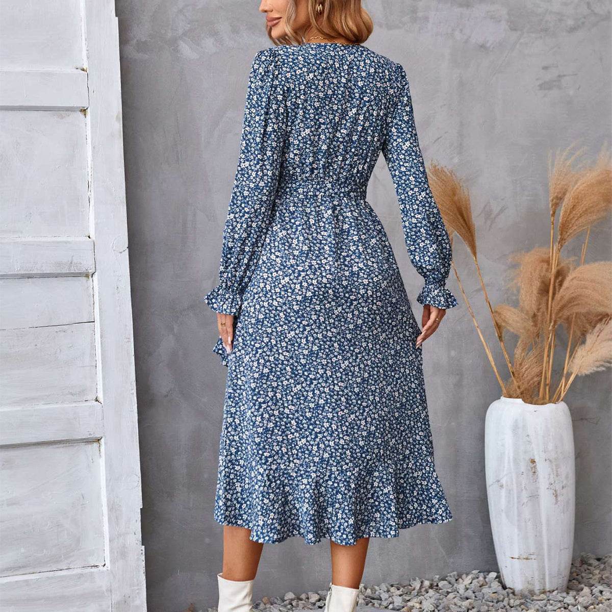 Flowers Print Long Sleeve Dress Fashion Ruffled Commuter Temperament Dresses Womens Clothing - Mubimart