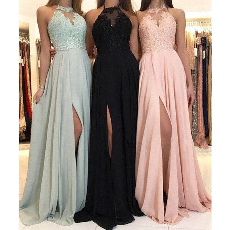 Halter Lace Chiffon Dress Prom Evening Dress Split Long Skirt - Mubimart