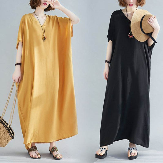Plus Size Women's Bohemian V-neck Cotton Dress Solid Color Robe - Mubimart