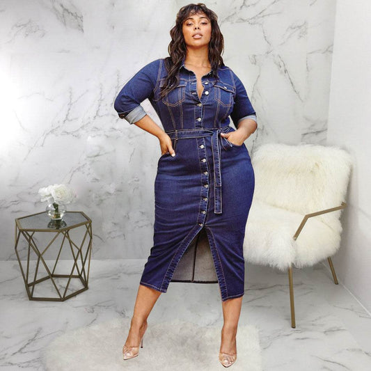 Dress Fashion Plus Size Denim Dress Women Casual, Long Sleeves - Mubimart