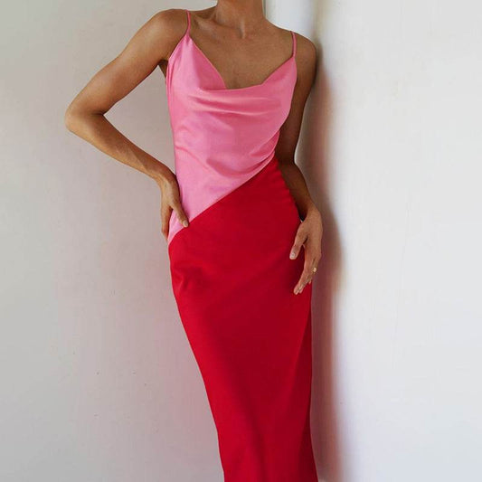 Irregular Colorblock Satin Slip Dress - Mubimart