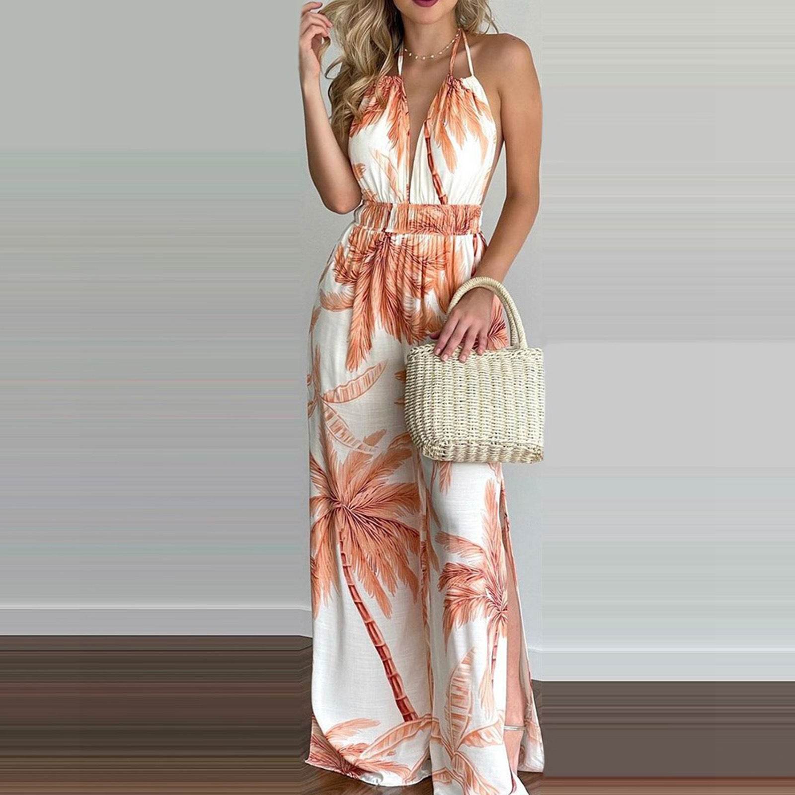 Printed Suspender Dress Plus Size Loose Jumpsuit - Mubimart