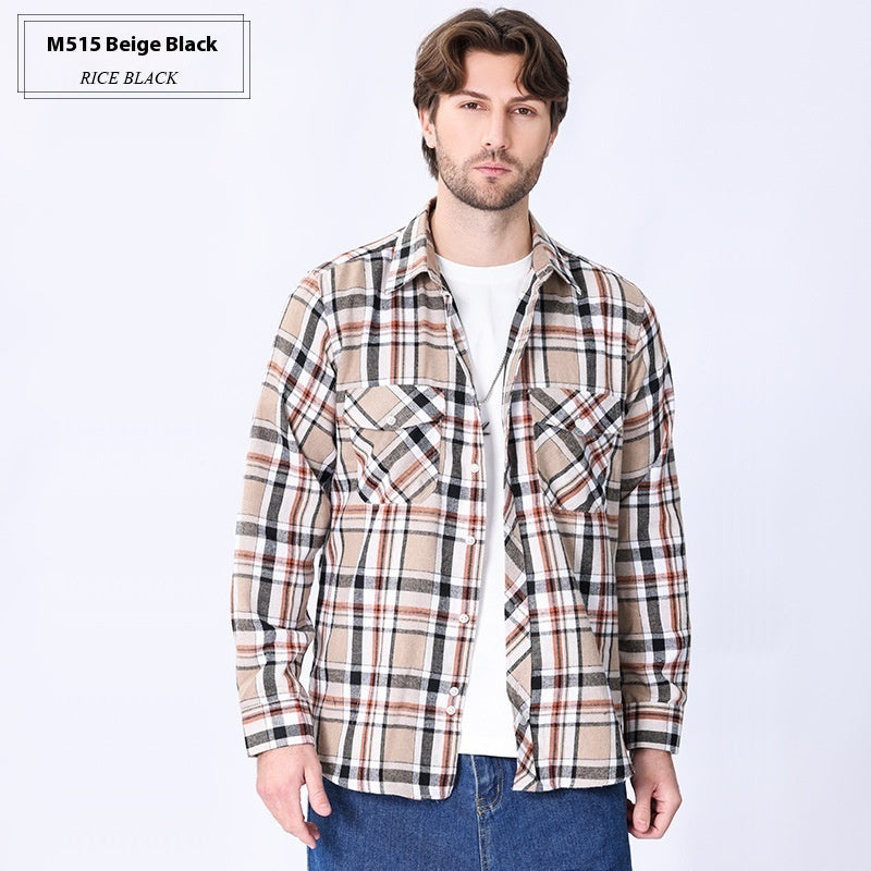 Vintage Flannel Men's Long Sleeve Brushed Plaid Shirt Coat