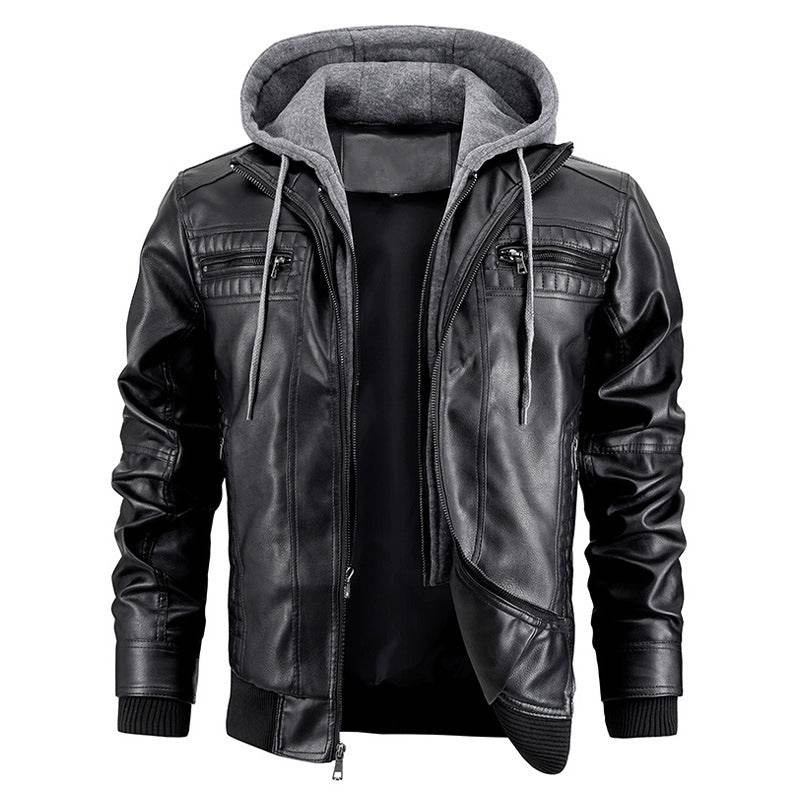 Hooded Jacket With Zipper Pockets Fashion Warm Pu Leather Coat Mens Clothing - Mubimart