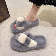 Cross-strap Fuzzy Slippers With 5cm Heel Shoes Women Fashion Winter Indoor Plush House Shoes - Mubimart - Fuzzy Slipper 