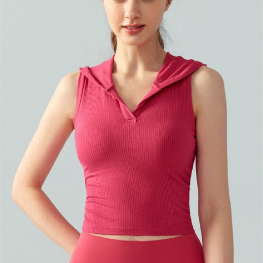 Hooded Ribbed Yoga Vest Women's Short Solid Color Sleeveless Workout Top - Mubimart