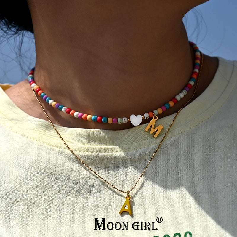 Colorful Beads Initial Choker For Women Stainless Steel Lett - Mubimart