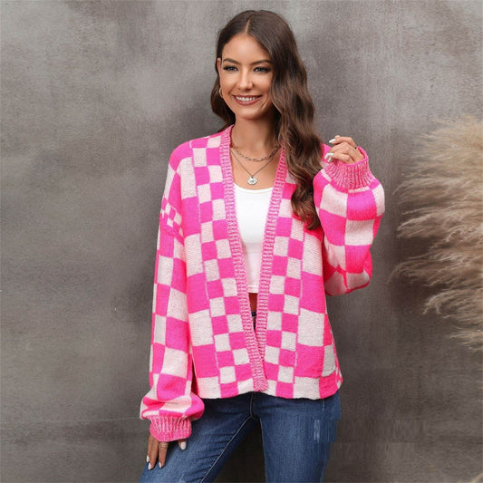 Fashion Plaid Cardigan Plus Size Coat Knitted Coat - Mubimart