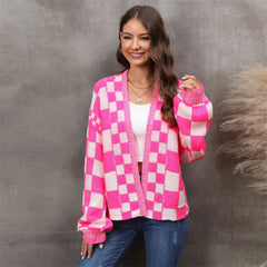 Fashion Plaid Cardigan Plus Size Coat Knitted Coat - Mubimart - Plus Size Cardigan 